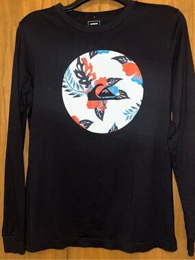 Quiksilver Black Long Sleeve Tee with Floral Circle Logo in Red and Blue